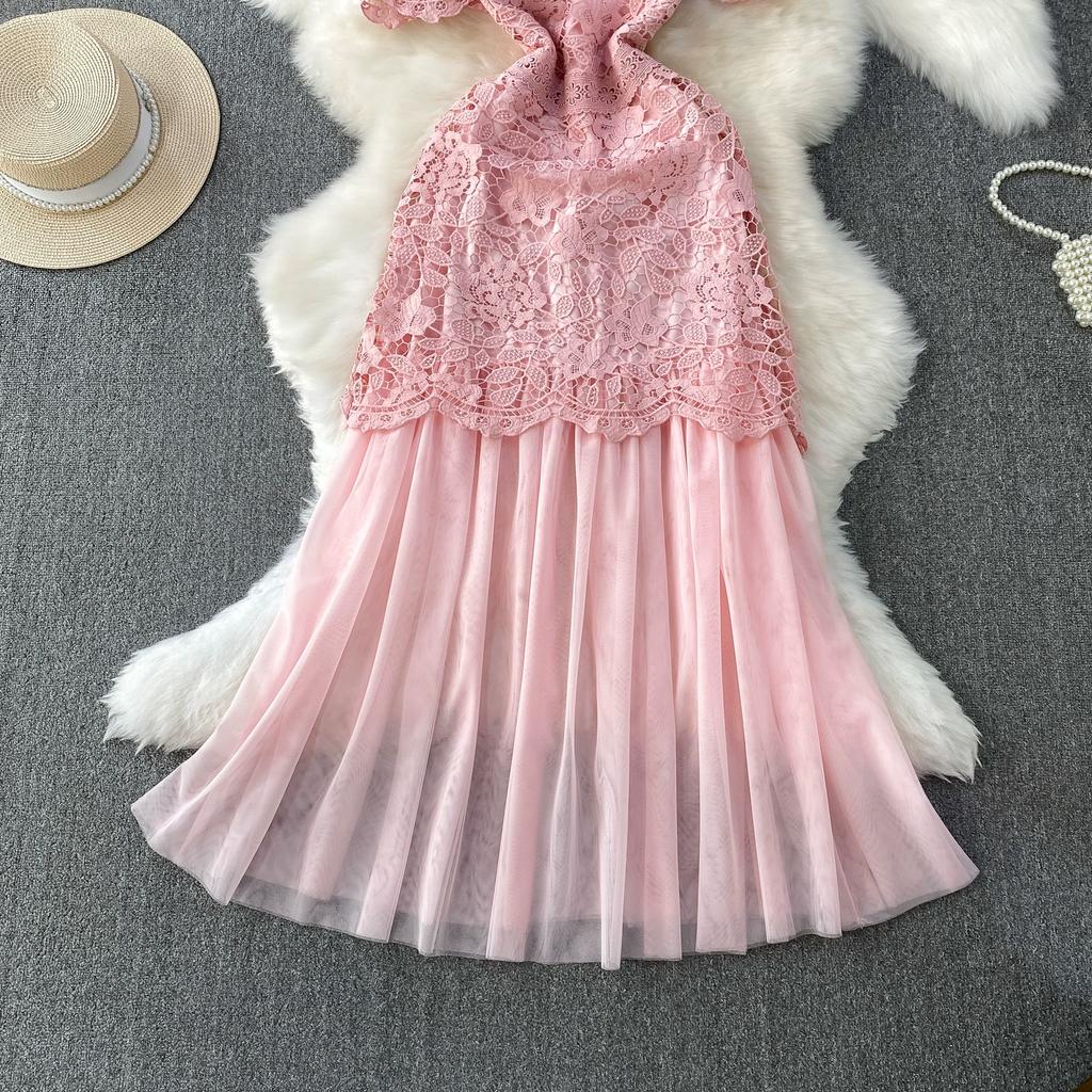 Summer Women Elegant Square Collar Embroidery Flower Lace Mesh Patchwork Long Maxi Slim Bodycon Party Dresses