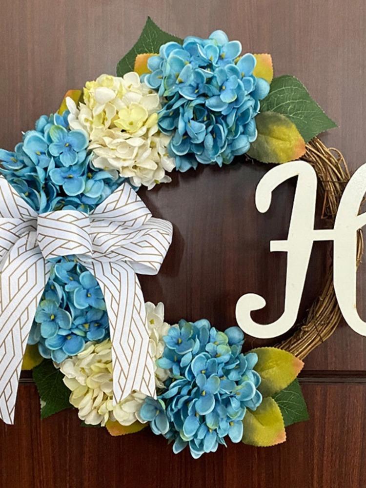 1 шт. венок из гортензии для передней двери, летний венок 37 см, синий венок для фермерского дома, венок из виноградной лозы для уличного сада, фермерского дома