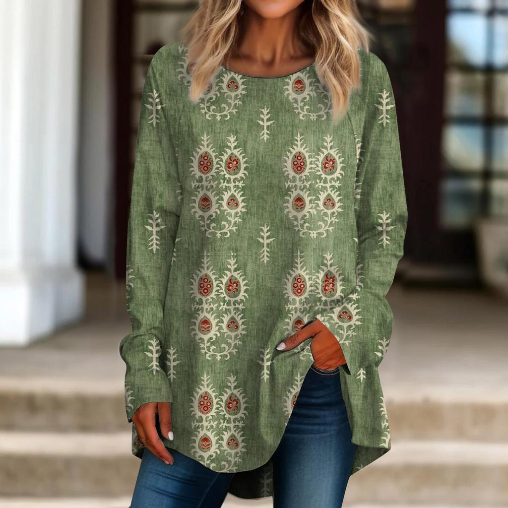 Женская повседневная футболка больших размеров с длинными рукавами и круглым вырезом в стиле ретро с принтом, верхний пуловер