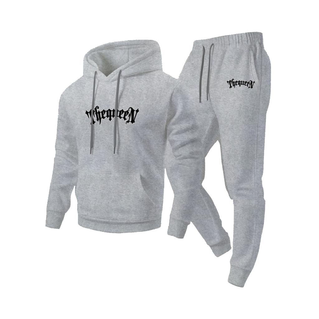 Men's Casual Solid Color Letter-printed Sweatshirt Set, Men's Fleece Hooded Drawstring Sweatshirt And Sweatpants Two-piece Set