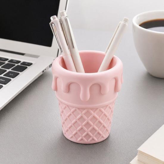 Nostalgie 3D Printed Ice Cream Cone Pen Holder, Waffle Base And Drip Top Desk Organizer, Multi-functional Pencil Cup for Pens, Marker, Makeup Brushes