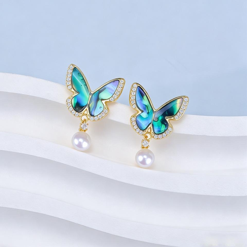 Color Abalone Shell Natural Freshwater Pearl Stud Earrings Women's Earrings Silver Needle High-end Jewelry