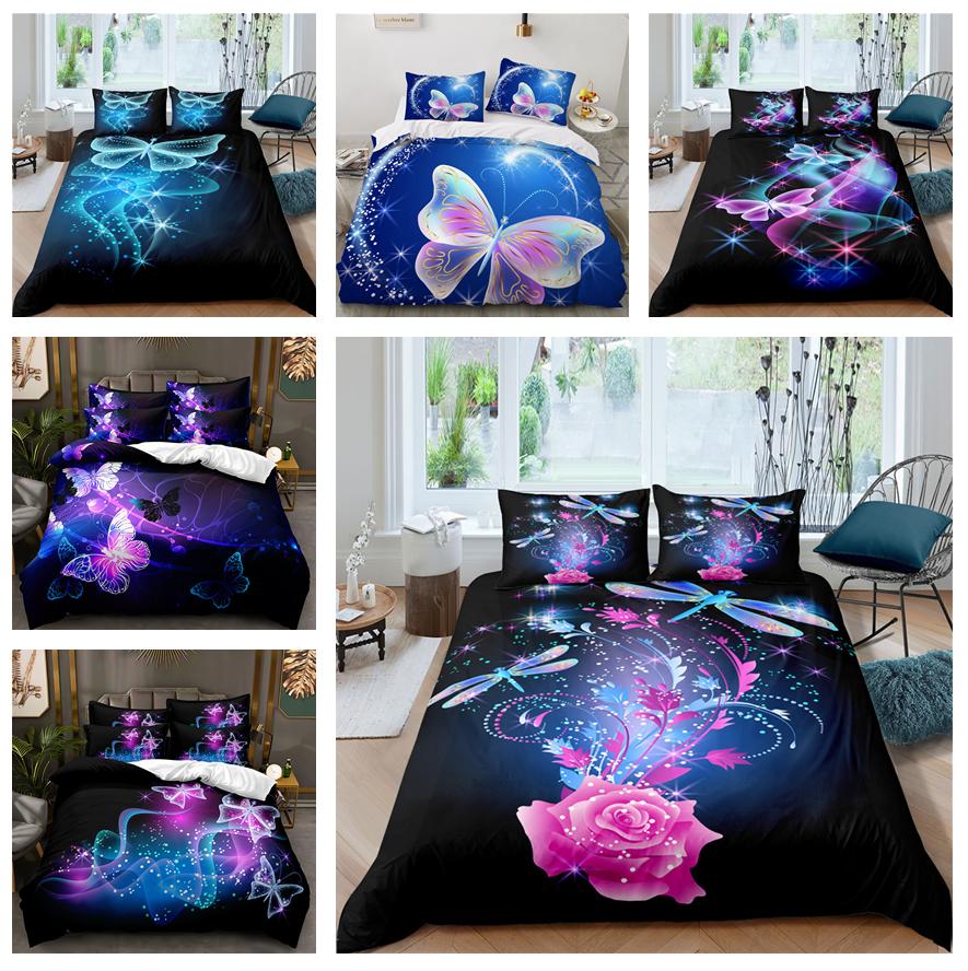 Флуоресцентное постельное белье с бабочками, пуховые пододеяльники и наволочки для девочек и женщин, 2/3 шт., комплект пододеяльников для кровати размера «king-size» и «queen-size», подарочный комплект с 3D-печатью
