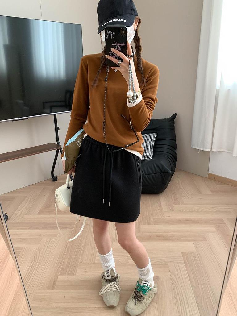 Moqie Winter Petite A-line Woolen Drawstring Short Skirt MQ1064