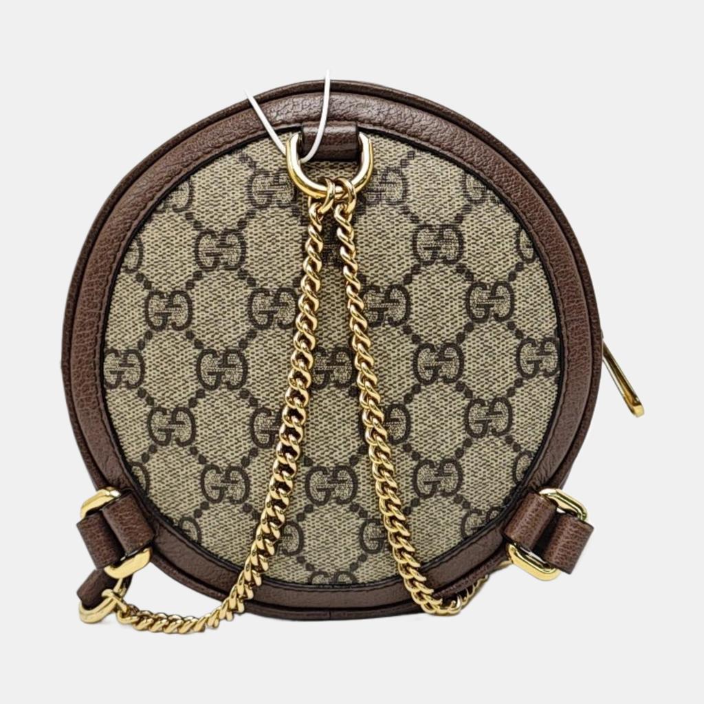 [Pre-Owned] Ophidia Logo Stripe Web Zipper Canvas And Leather Round Bag Backpack Mini - Very Good #FLR3NQ