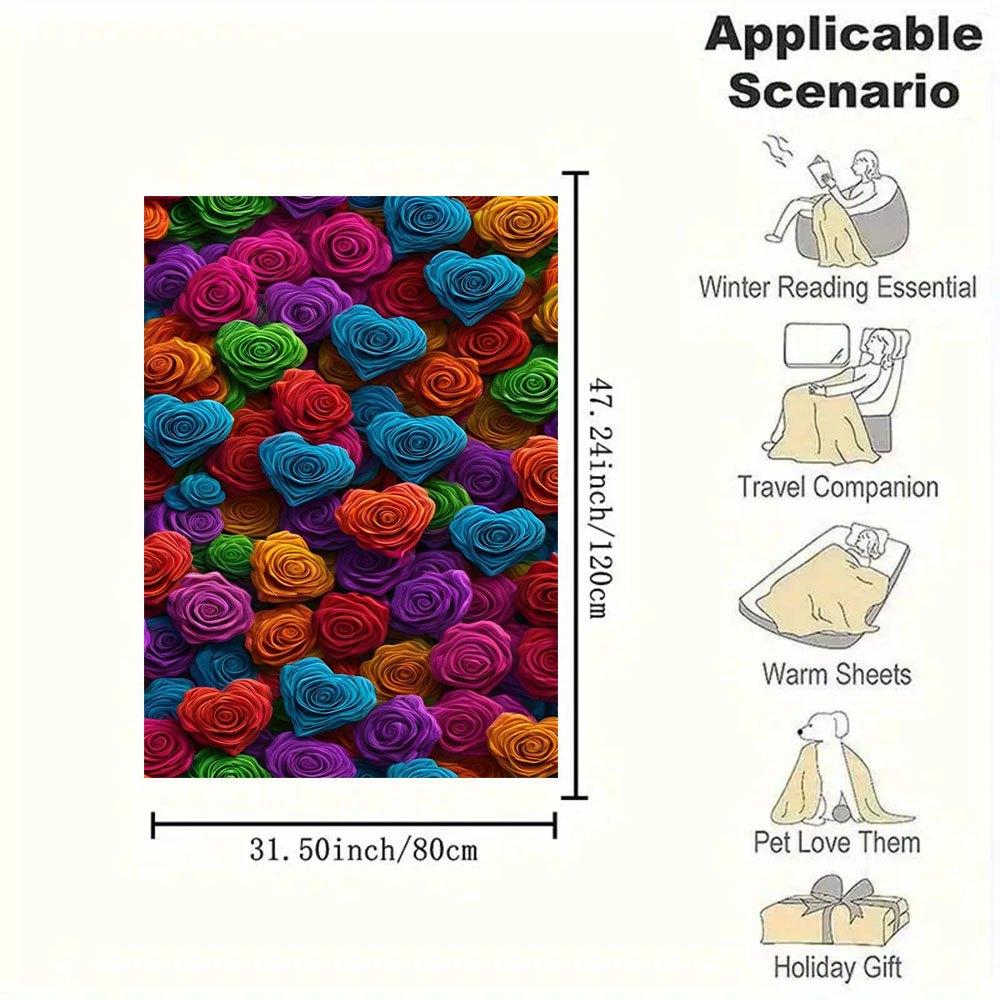 Colorful Rose Heart Fabric Print Upholstery MaterialBlanket Flannel Throw Blanket for Sofa, Bed, Travel, Camping, Office, Couch, Chair, And