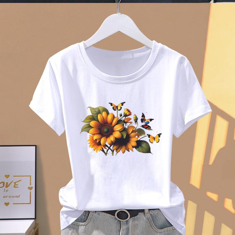 (Азиатский размер) Футболки с короткими рукавами Love Heart Flower Cute Trend T Clothing Casual Fashion Print Female Casual Women's Top Graphic Tee