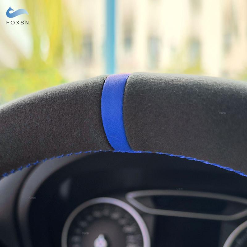 Black Suede Leather Blue Line&Strip Steering Wheel Cover For BMW M Sport F30 F31 F34 F45 F46 F22 F23 M235i M240i X1 F48 X2