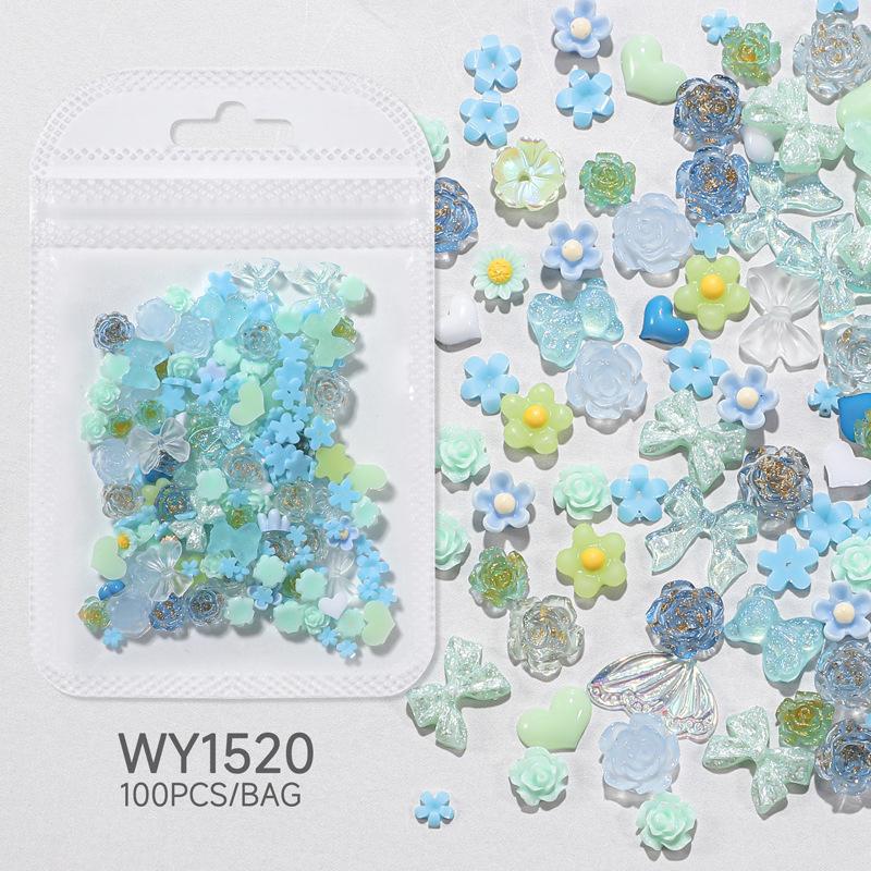 100 шт., 3D смола, розовый, фиолетовый, подвеска для ногтей, цветы, сердце, медведь, смешанное украшение для дизайна ногтей, Kawaii, розовая лента, бант, сделай сам, часть для ногтей