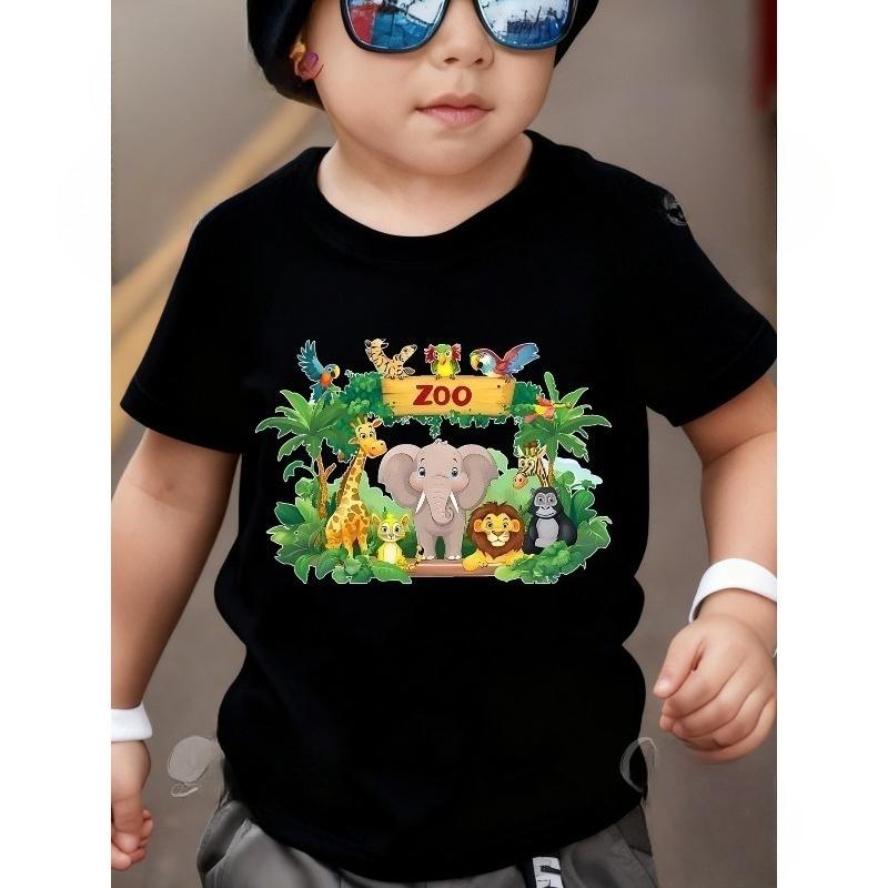 European sizes Kids Jungle Animal Graphic T-Shirt, Cute Elephant And Lion Print Tops, Fun Jungle Animal Print Boys' Fashion Short Sleeve T-Shirt