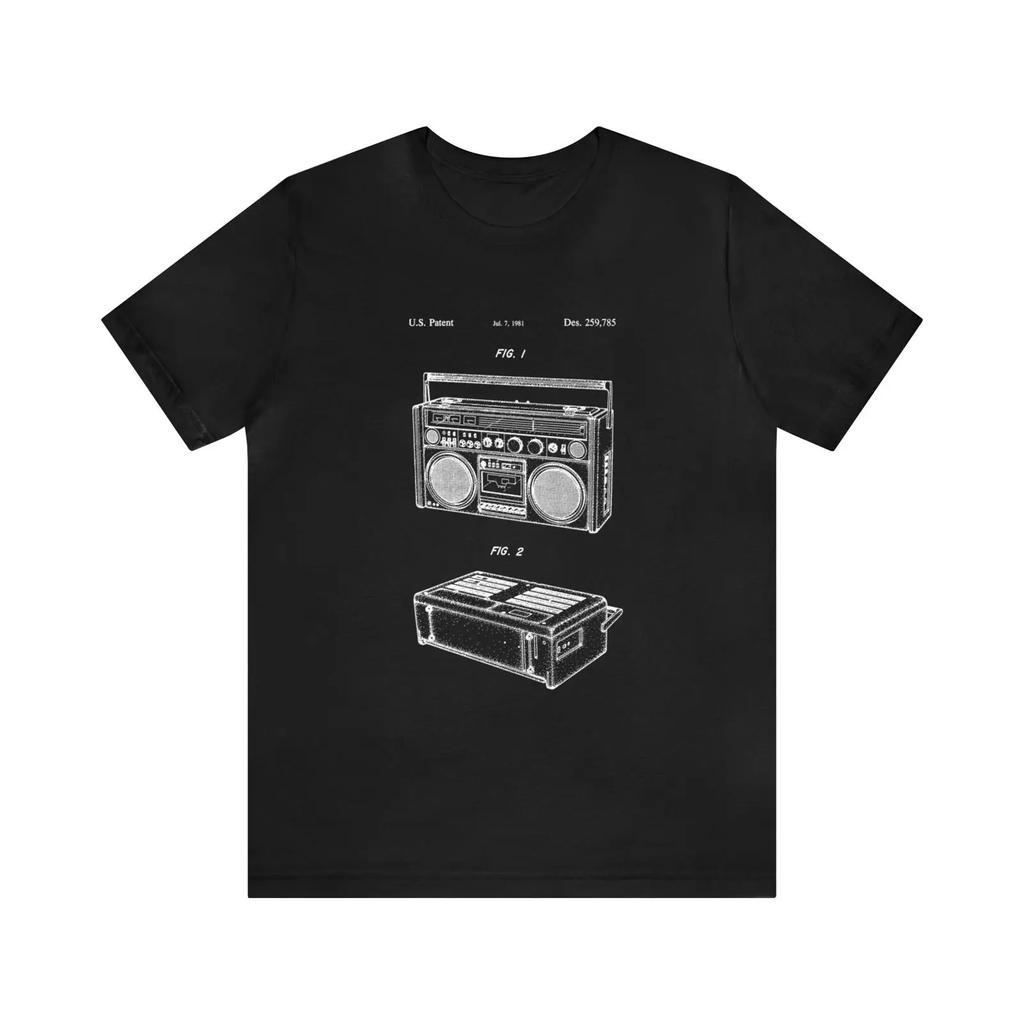 Boombox Cassette Stereo Radio Design Patent Blueprint T Shirt Black Drawing 80s Vintage Fashion Casual