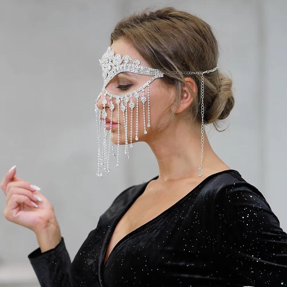 Luxury Face Chain Retro Veil Mask Bohemian Style Rhinestone Mask for Women