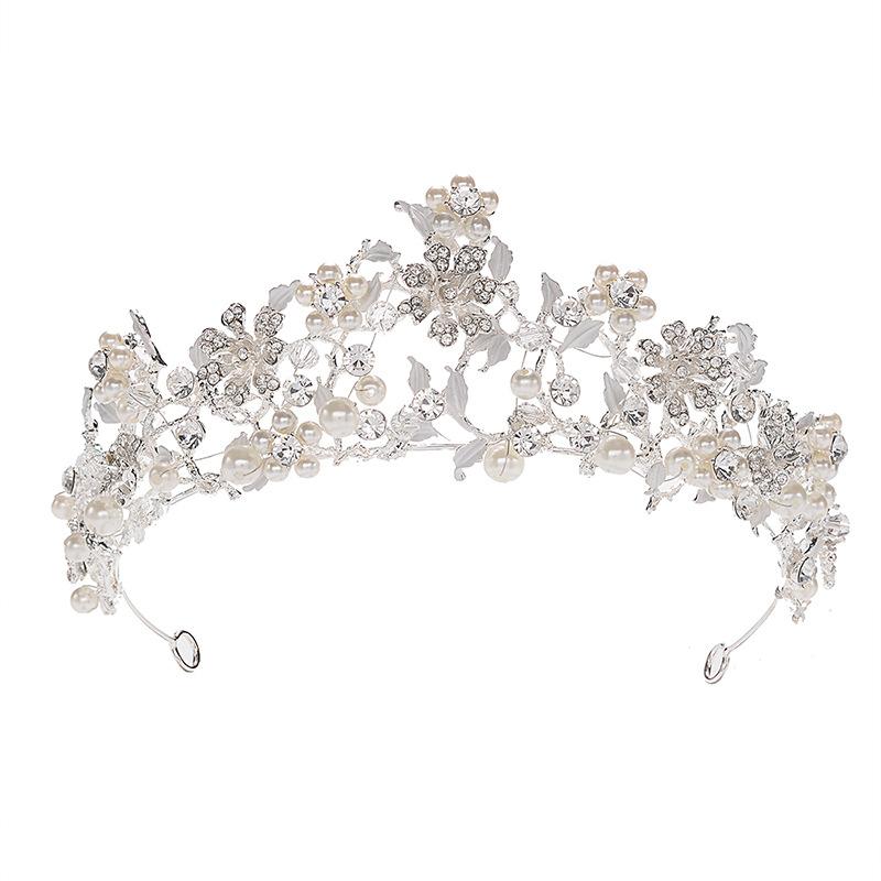 Flower Embellished Diamond Bridal Crown Handmade Beaded Pearl Tiara Wedding Dress Accessories