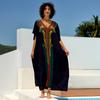 Chic Embroidered Women Loose Black Kaftan Summer Beach Dress 2024 Bohemian Holiday Swimsuit Coverup Cozy House Robe Outfit Q1672