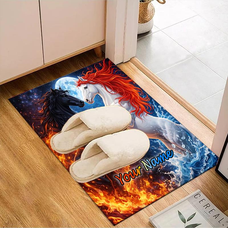 1PC Custom Name Horses Flames Ice Theme Floor Mat Ideal for Living Room, Game Rooms, Office, Bedroom,Floor Mat Playful Design