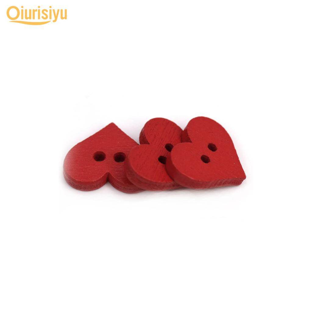 100Pcs 2 Holes Red Love Heart Wooden Button