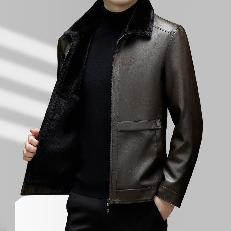 Кожаная куртка мужская бархатная утолщенная мужская меховая зимняя теплая кожаная куртка с лацканами
