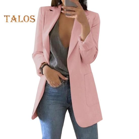 Женский пиджак с лацканами, длинный рукав, открытый спереди, однотонный пиджак в городском стиле, весна-осень, деловая верхняя одежда