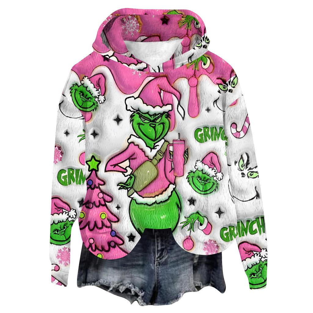 Women's Hooded Long Sleeve Christmas Printed Flannel Top Hooded Sweatshirt