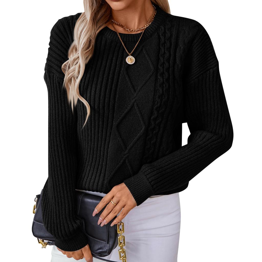 Women's Fashion Casual Round Neck Solid Color Long Sleeve Loose Knit Pullover Sweater