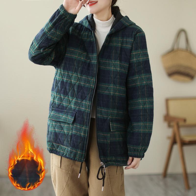 Женские большие размеры Осень и Зима Клетчатый принт Утолщенный Утепленный Клетчатый Капюшон Свободный Разрез на молнии Принтованная Длинная Куртка Повседневные Уличные Топы