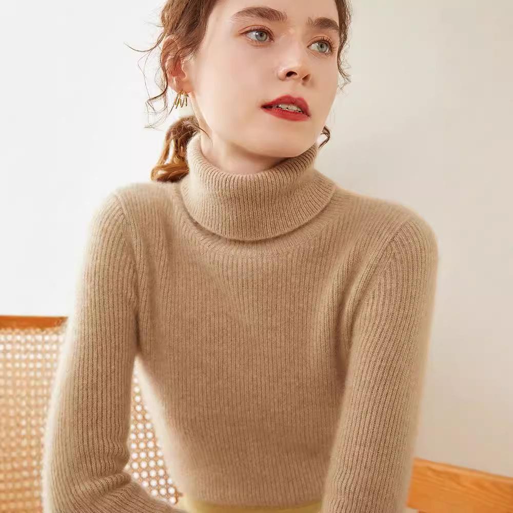 Women's High Neck Striped Cashmere Sweater - Slim-Fit Seven-Needle Knit for Autumn & Winter