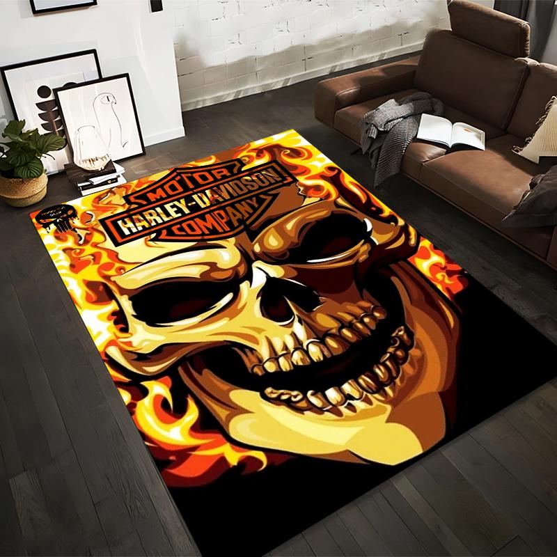"Flaming Skull Harley-Davidson Style Rug with Vibrant Design" Suitable for use as an anti-slip for living room bedroom sofas