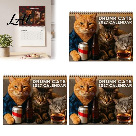 Funny Room Decor for Cat Lovers 2027 Drunk Cats Calendar Wall Calendar with 12 Gift Owners Fans Hilarious Drinking Illustration Monthly Planner Home