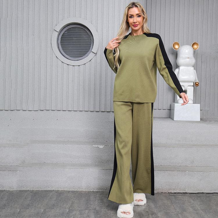 Осенне-зимний женский повседневный вязаный свитер, брюки, комплект из двух предметов, пуловер с длинным рукавом и брюки с широкими штанинами, спортивный костюм
