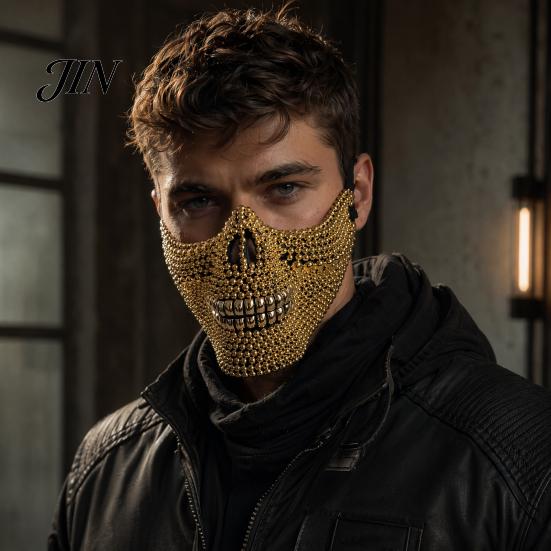 Creative Party Costume Prop Halloween Skull Half Face Mask, Rhinestone Punk Knight Masquerade Comfortable Mask with Adjustable Straps, Lightweight