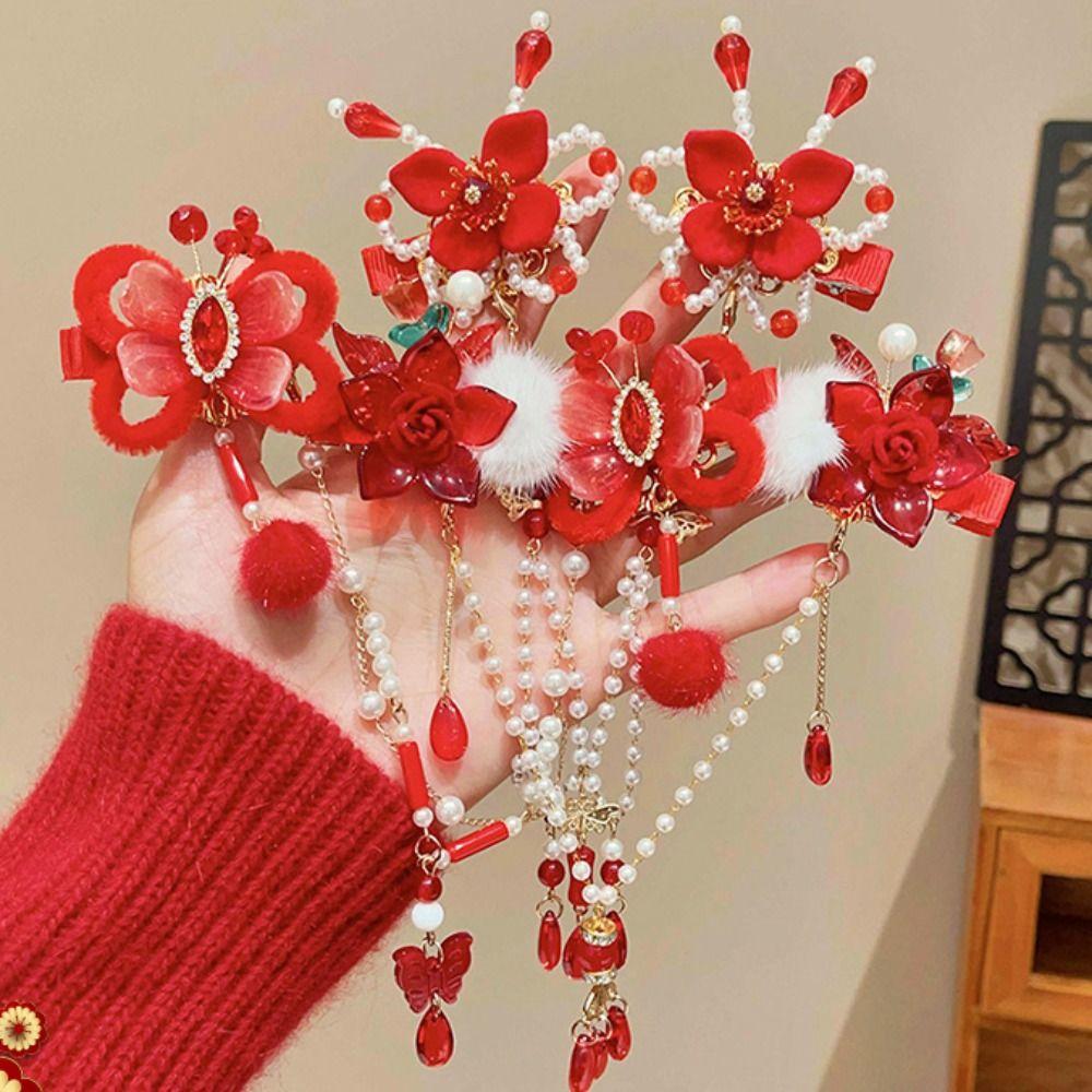 Hanfu Headwear Chinese Style Red Barrettes Forehead Chain Ancient Style Hair Clip  Festival