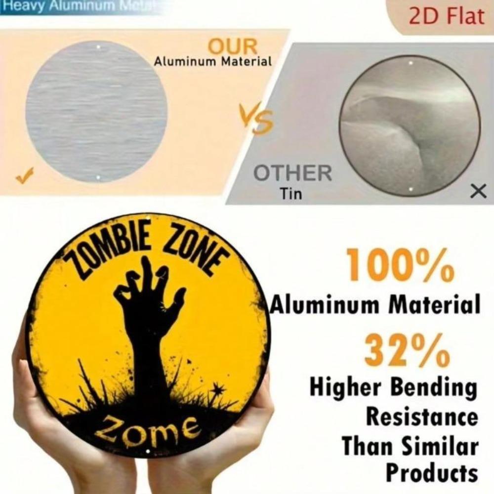 Zombie Zone Halloween Metal Sign Vintage Spooky Decor Hand Painted 8x8 Inch Round