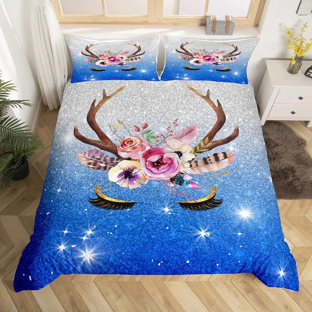 Unicorn Eyelas Duvet Cover Gradient Red and Purple Rainbow Golden Long Lashes Glittering Polyester Bedroom Decorations Women Kid