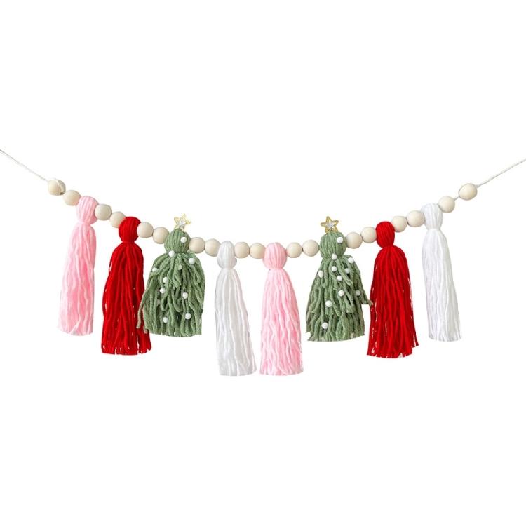 Christmas Garlands Decoration Cotton Tassels Garlands with Wood Beads Wall Hanging Bunting Banners Decors for Mantel