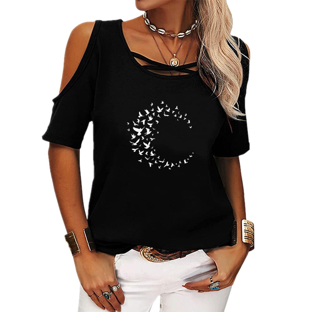 Women Casual Off Shoulder T-shirt Summer Short Sleeve Top Ladies Fashion Round Neck Printed Tee Shirt Pullover Loose T-shirt