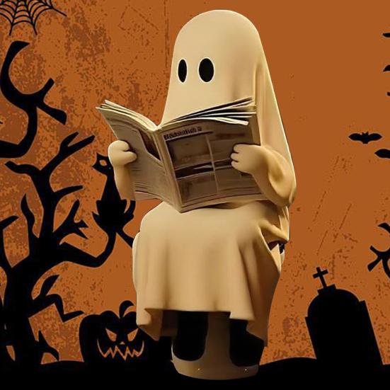 Статуэтка Книга с привидением Милое привидение на унитазе Читающая фигурка Смола Хэллоуин Украшение для ванной комнаты Стол Книжная полка Декор