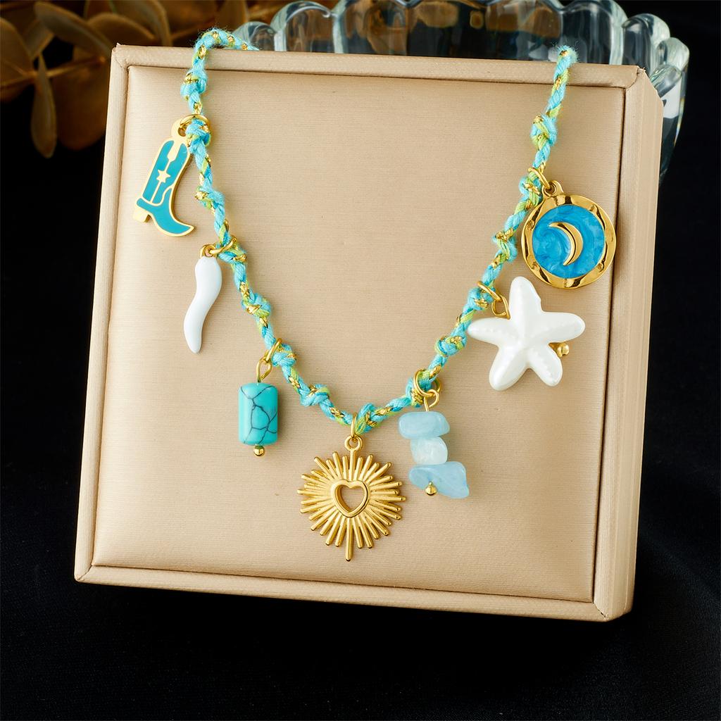 DIEYURO 316L Stainless Steel Sun Flower Heart Crystal Multi Pendant Necklace Lady Vintage Colored Woven Rope Neck Chain Jewelry