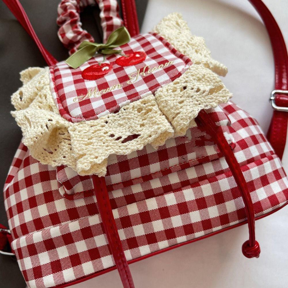 Canvas Lace Plaid Backpack Korean Style Bow Shoulder Bag Multi Functional Cherry Backpack  College