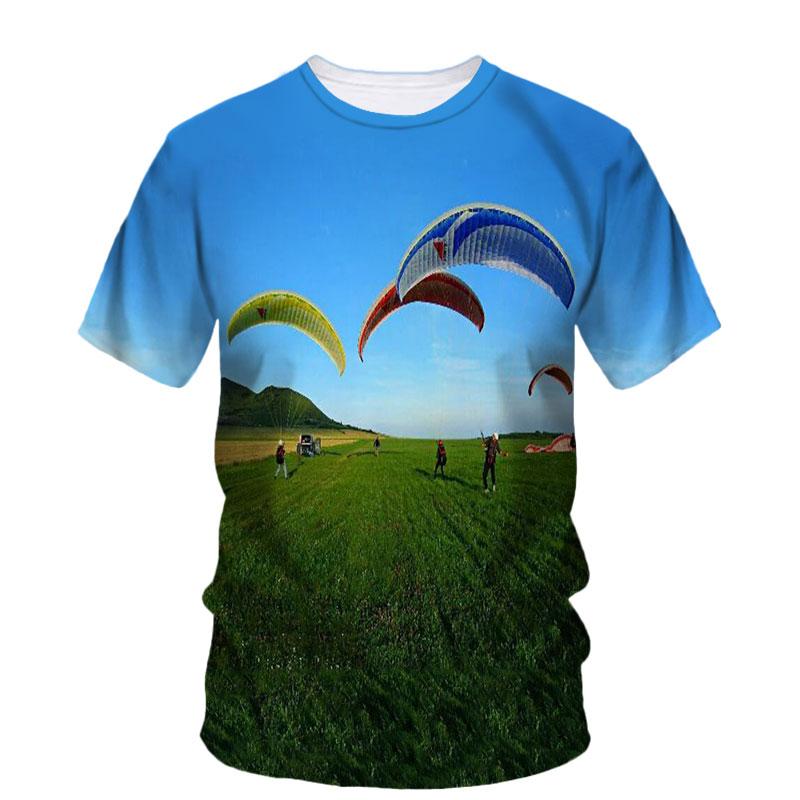 3D Parachute Paraglider Printed Casual Short Sleeved Children's Boy T-shirts  - Soft Medium Stretch Fabric Spring and Autumn Relaxed Fit Clothing