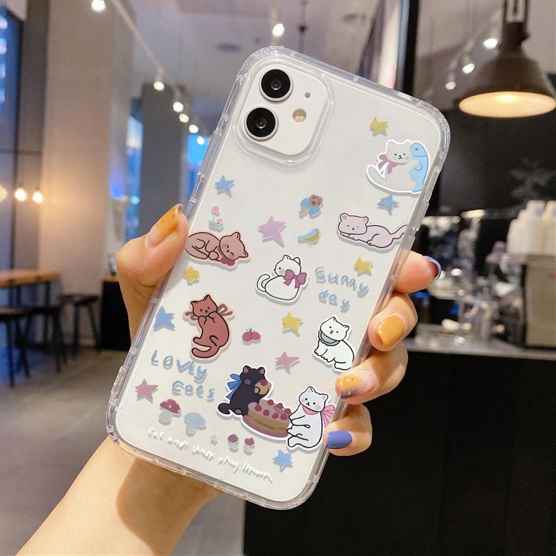 Милый Кавайный Кот Собака Наклейка Чехол для Телефона для iPhone 17 16 15 14 13 12 11 Pro Max Plus Корейский Стиль Ударопрочный Прозрачный Мягкий ТПУ Чехол