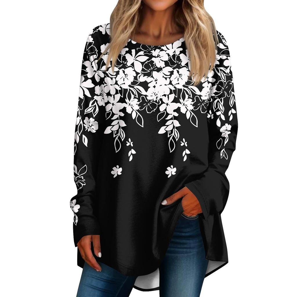 Women's Casual  Plus Size Long Sleeved Round  Printed T-shirt Top Pullover