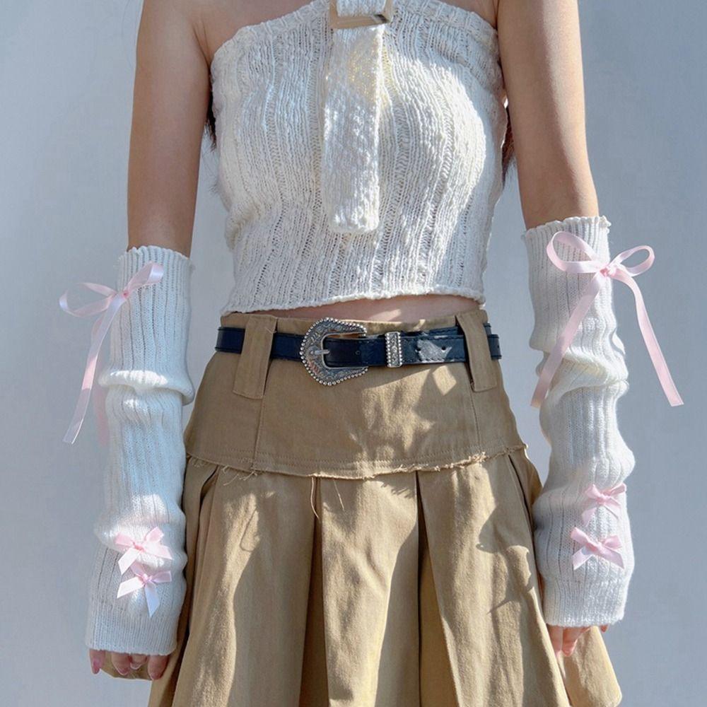 Бантик Y2K Теплые рукава Эластичные перчатки без пальцев Вязаные гетры с бантом в балетном стиле Лолита