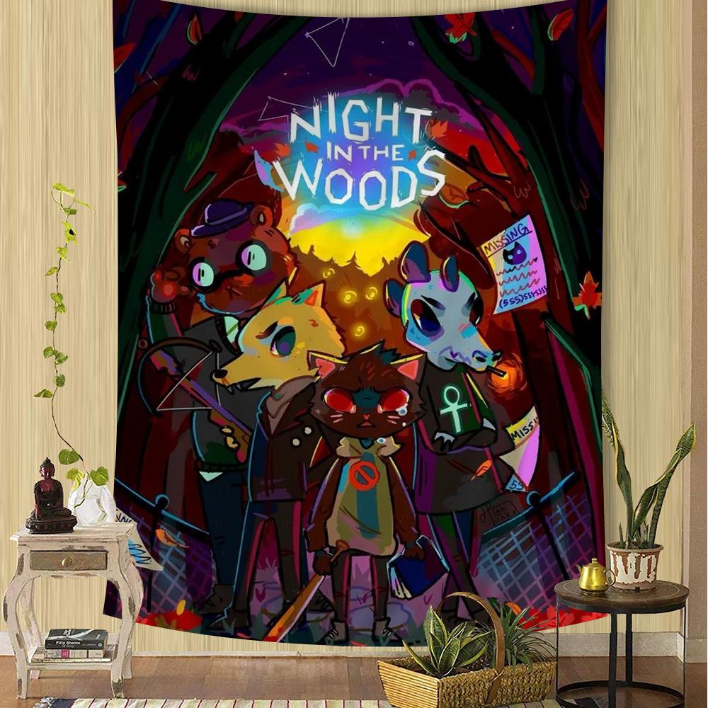 Night in the Woods Full Character Silhouette Wall Tapestry Gradient Background Cozy Room Decor for Indie Game Nostalgic Fans