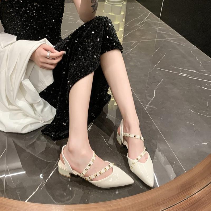 Fashion Baotou Mid-heel Shoes Spring New Pointed Head Shallow Mouth Rivet A Line with Anti-slip Wear-resistant Sandals