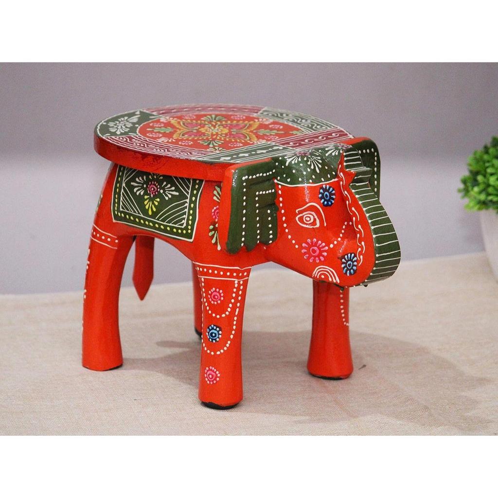 Handcrafted and Hand-Painted Colorful Wooden Elephant Stool/Side Table for Home/Office/Living or Bedroom Decor (Orange & Green)