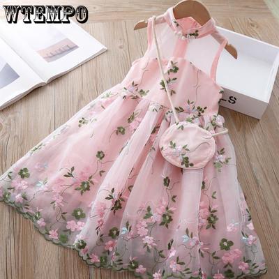 Розовое милое платье трапециевидной формы в стиле Лолиты с вышивкой для девочек, детская одежда, юбка принцессы для девочек, жилет с вырезом, сетчатая юбка, тонкая летняя