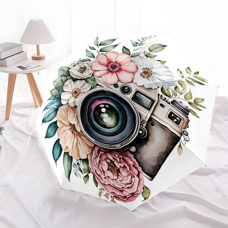 1pc Camera Flowers Automatic Open/close Umbrella, 8-Rib sturdy structure, Auto Folding/Opening, Portable Travel Umbrella for Women, c23
