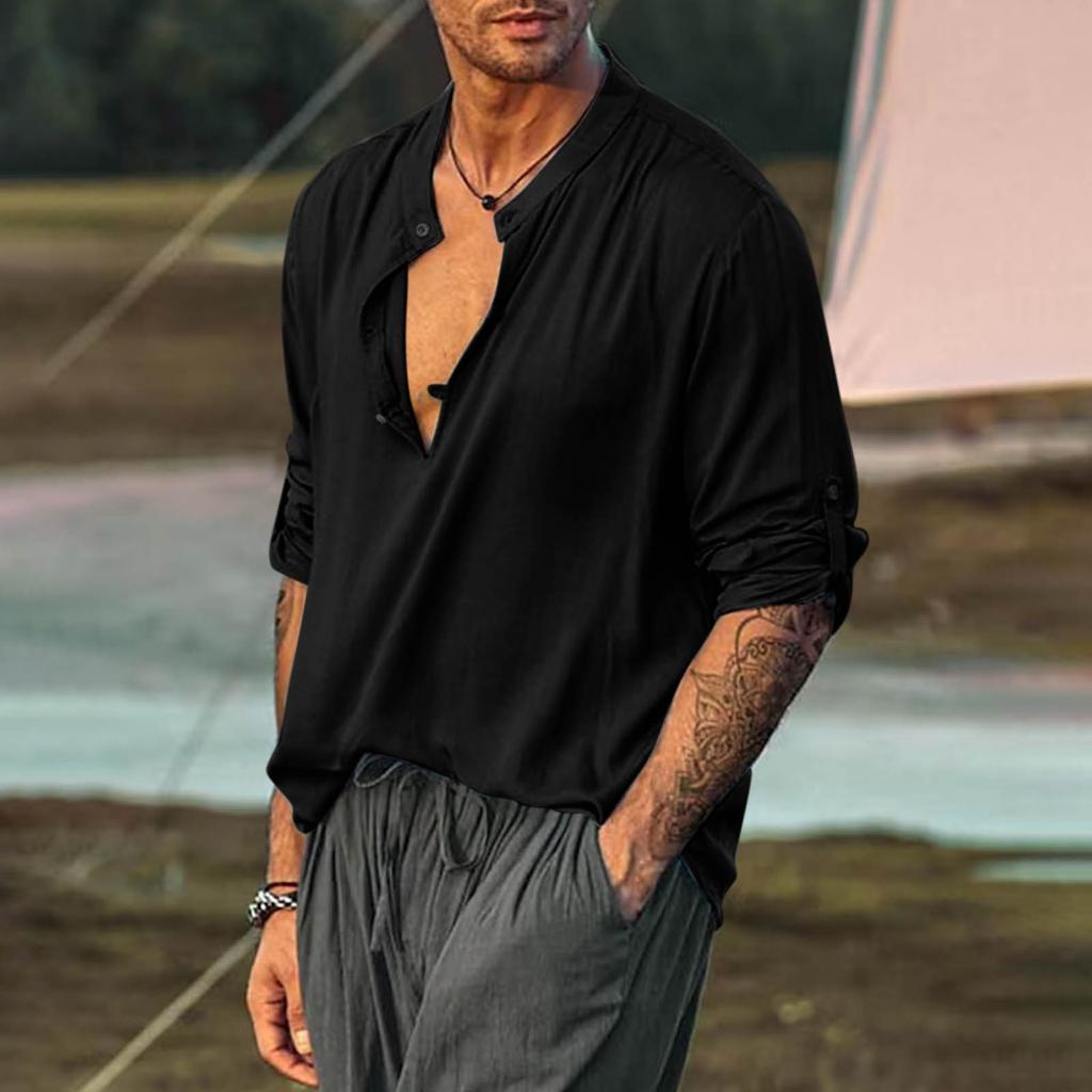 Мужская полуоткрытая рубашка, разноцветная хлопково-льняная рубашка, круглый вырез, модный рукав, рубашка с длинными рукавами