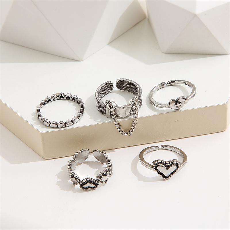 Charm Vintage Heart Rings Set Love Chain Kpop Punk Rings for Couples Lovers Men Women Girls  Party Gift for Girfriend Wedding Rings AVE