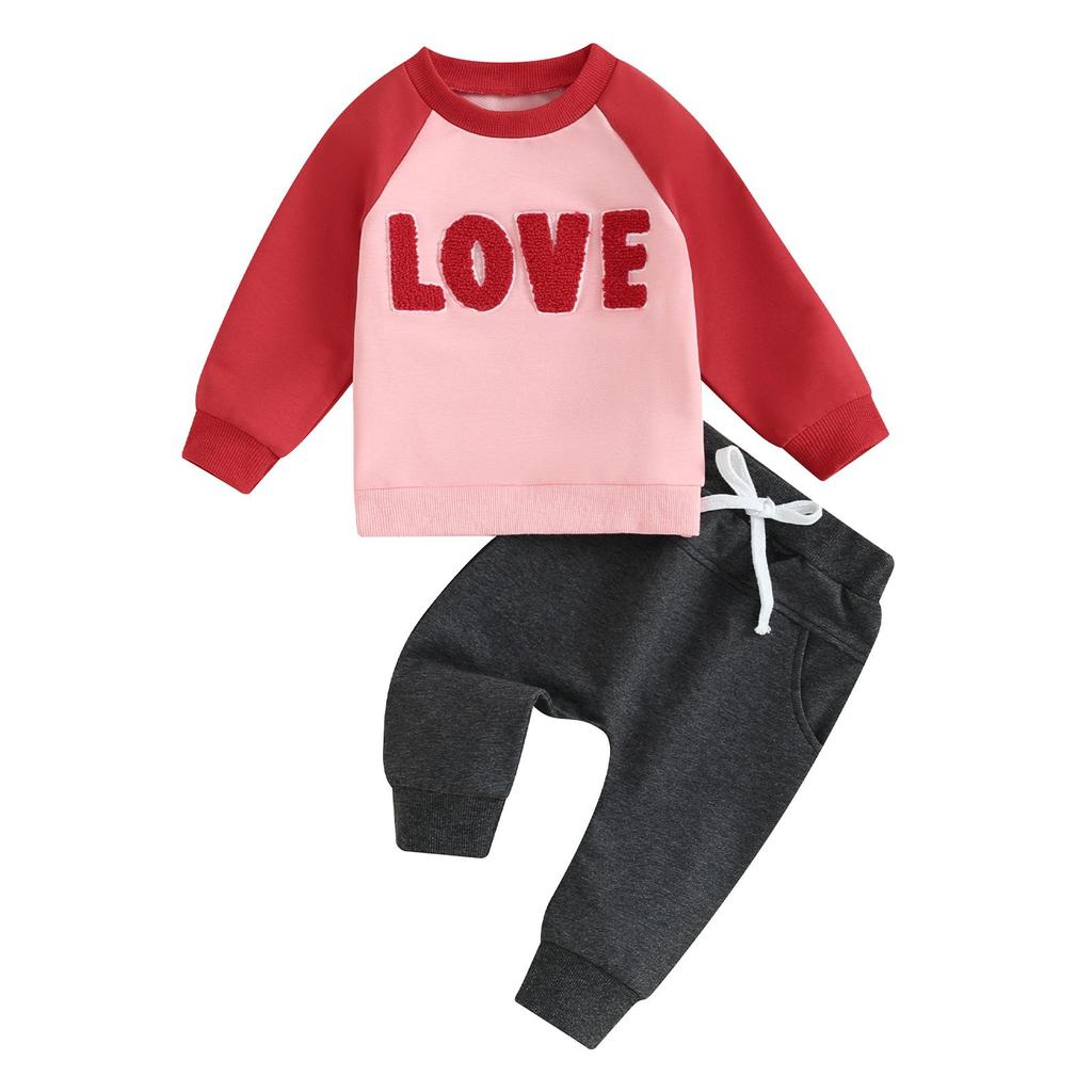 Baby 2 Piece Outfit Plush Letter Embroidery Long Sleeve Sweatshirt and Elastic Pants Set for Newborn Infant Fall Clothes